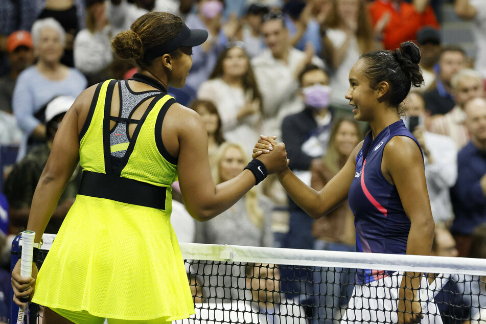 Leylah Fernandez shakes hands with Naomi Osaka after their third-round match on Friday night.