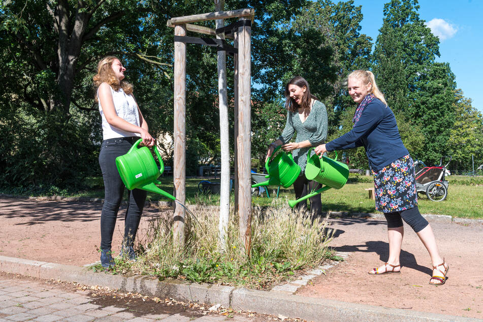 Auch die beiden "Fridays for Future"-Vertreterinnen Clara Hanitzsch (16, v.l.) und Friederike Fischer (17) griffen zur Gießkanne, so wie auch Henriette Mehn (23, Grüne).