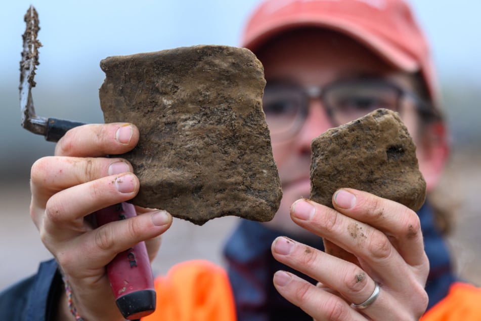 Thomas Lukas zeigt bronzezeitliche Scherben, die auf einem Grabungsfeld einer rund 4000 Jahre alten Siedlung bei Döbeln freigelegt wurden.