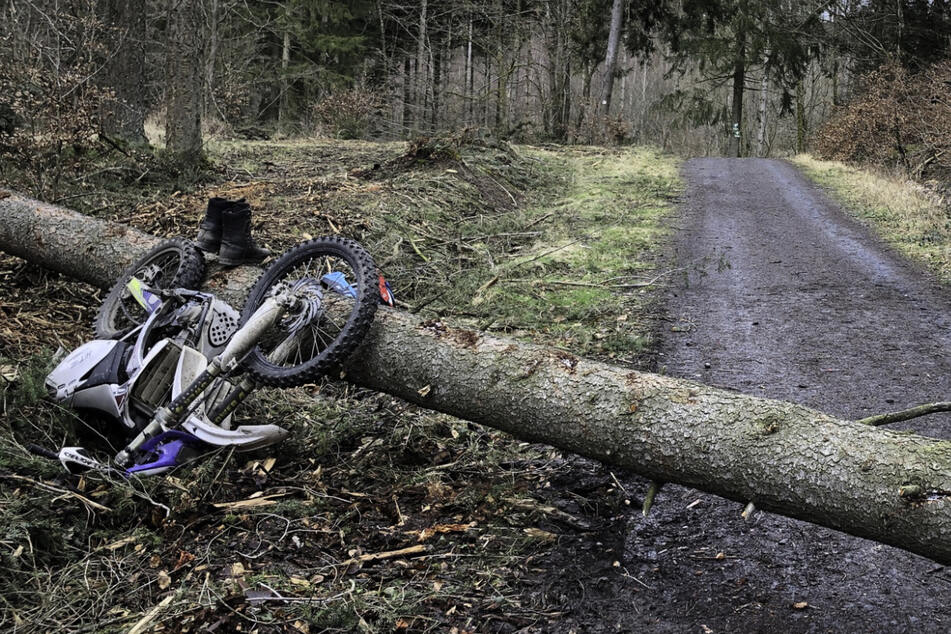 Der Mann war mit dem nicht zugelassenen Motocross-Bike auf einem Waldweg gegen einen umgestürzten Baum gekracht.