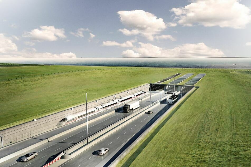 Die Visualisierung zeigt den geplanten Tunnel zwischen Deutschland und Dänemark mit dem Tunneleingang auf dänischer Seite bei Rodbyhavn.