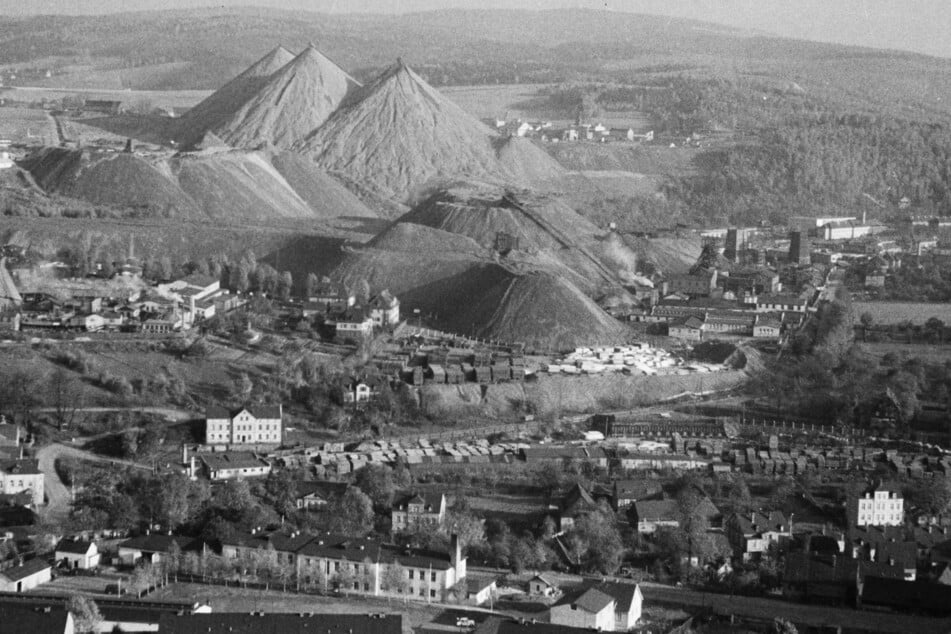 Der Uranabbau der Sowjetunion war im Erzgebirge nicht zu übersehen: In Oberschlema prägen 1965 riesige Abraumhalden das Landschaftsbild.