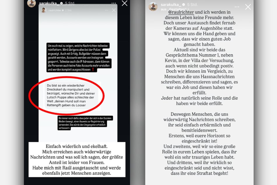 Deshalb springt sie auch "Villa der Versuchung"-Konkurrent Raul Richter (38) zur Seite, der eine böse Hass-Nachricht (roter Kreis) bekommen hat.
