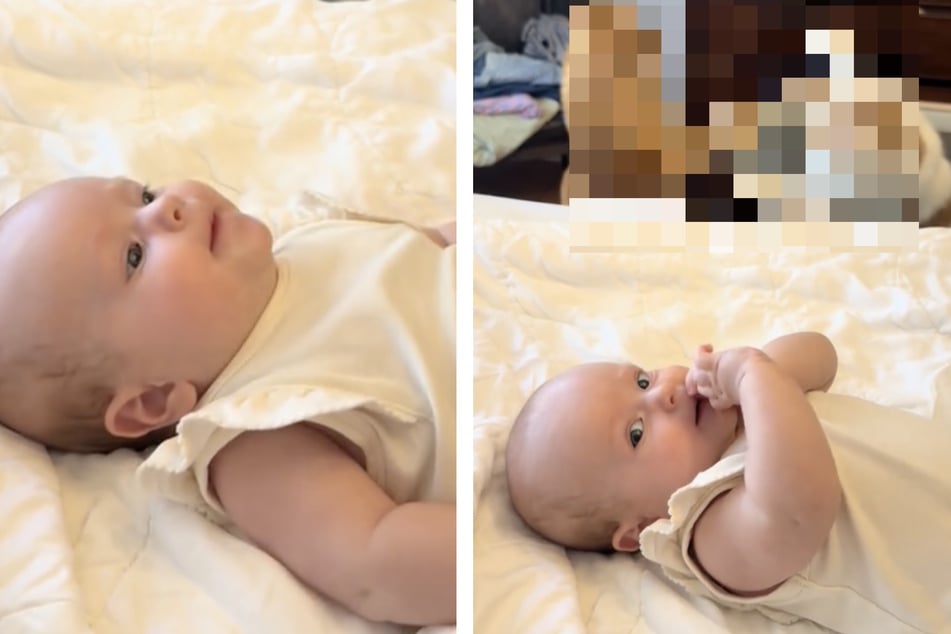 Una madre filma a su bebé en la cama, pero todos solo miran lo que ocurre en el fondo.