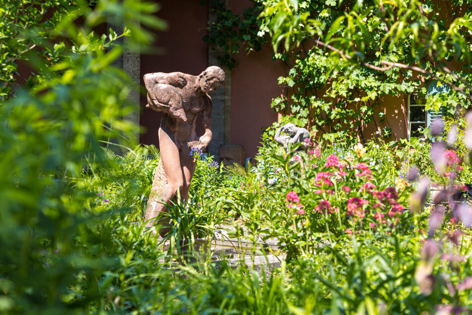 Romantischer Wildwuchs rund um den Teich, in dessen Mitte Skulptur von Eduard Moeller steht.