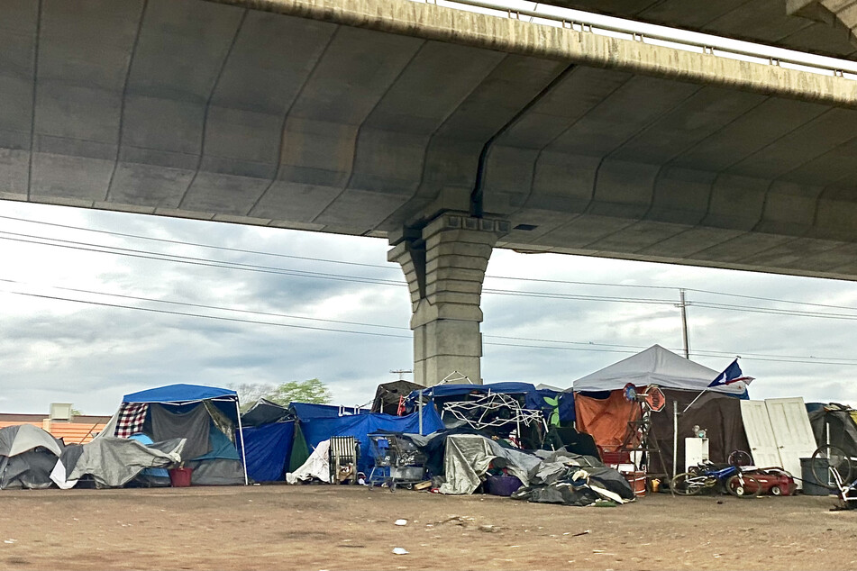 One of the many homeless encampments under I-35 in Austin, Texas.