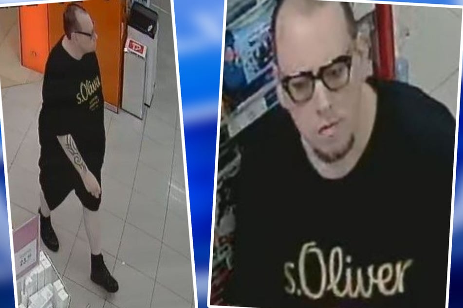 Mit diesen Bildern aus einer Überwachungskamera sucht die Polizei nach dem Unbekannten. Auf seinem rechten Unterarm trägt er ein auffälliges Tattoo.