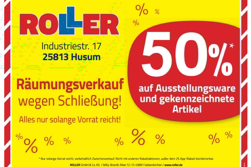 Während des Räumungsverkaufs bei ROLLER in Husum warten jetzt exklusiv 50 Prozent Rabatt¹ beim Möbelkauf.