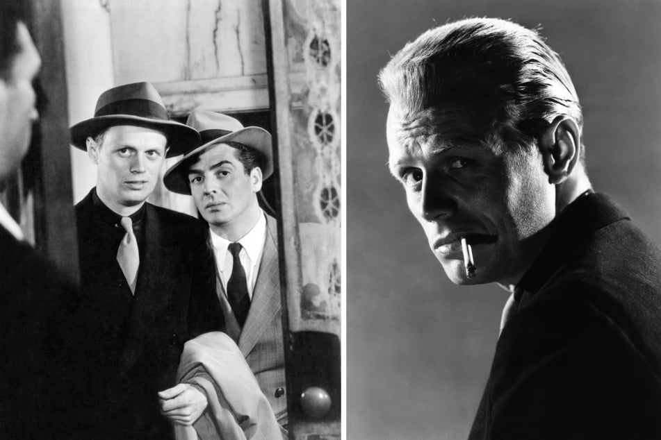 Richard Widmark (l. and r.) steals the show in his breakout film Kiss of Death, where he stars as villain Tommy Udo alongside Victor Mature (c.).