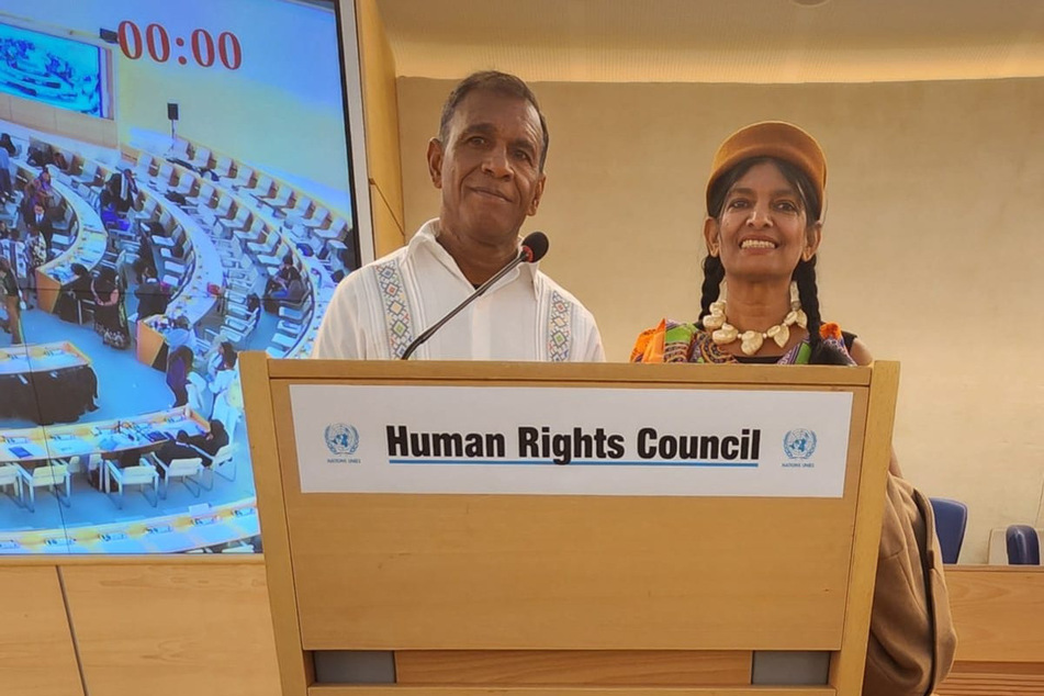 James Finies and Davika Bissessar campaign for Bonerian liberation during the third session of the United Nations Permanent Forum on People of African Descent.