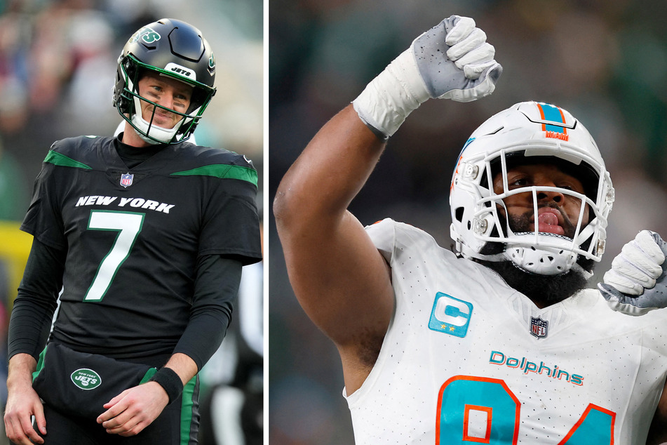The New York Jets saw Tim Boyle (l.) step in as quarterback, as Christian Wilkins of the Miami Dolphins celebrated.
