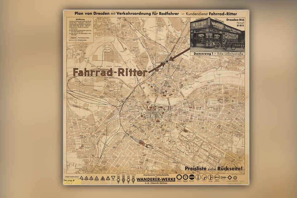 Dieser Dresden-Stadtplan ist 1937 erschienen. Darauf eingezeichnet: eine "Verkehrsordnung für Radfahrer".