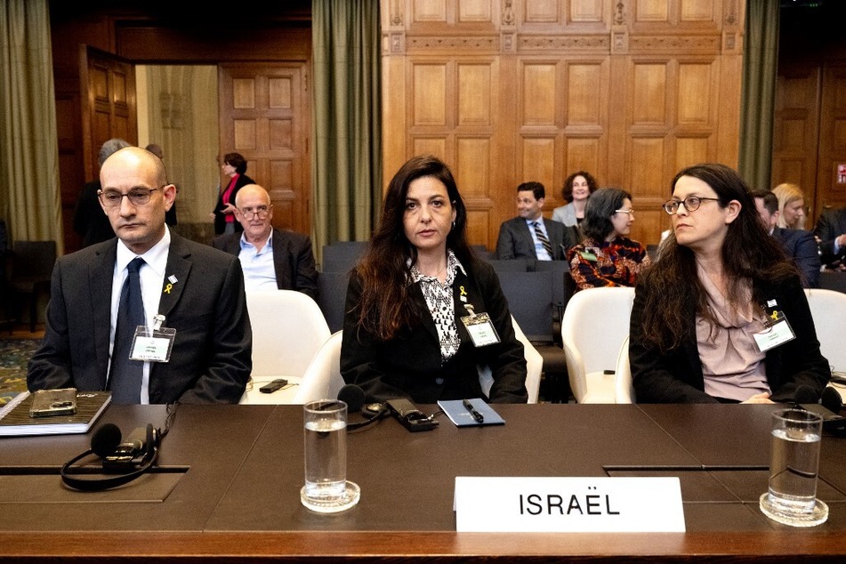 From l. to r.: Israel's Deputy Attorney General for International Law Gilad Noam, Principal Deputy Legal Adviser of the Ministry of Foreign Affairs Tamar Kaplan Tourgman, and Legal Adviser at the Israeli Embassy to the Netherlands Avgail Frisch Ben Avraham attend hearings before the International Court of Justice in The Hague.