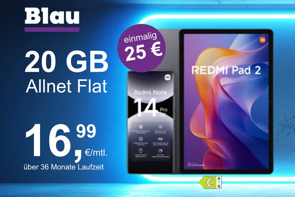 Das Xiaomi Redmi Note 14 Pro + Pad 2 im Blau Allnet M für einmalig 25 Euro.