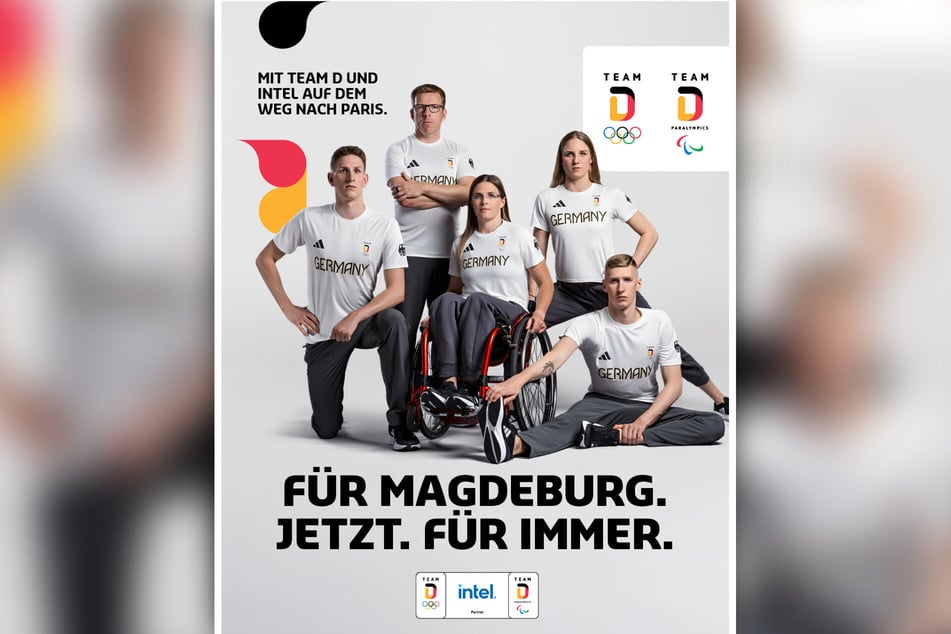 Mit diesem Plakat will Intel die Unterstützung der Olympia-Athleten aus Magdeburg unterstreichen.