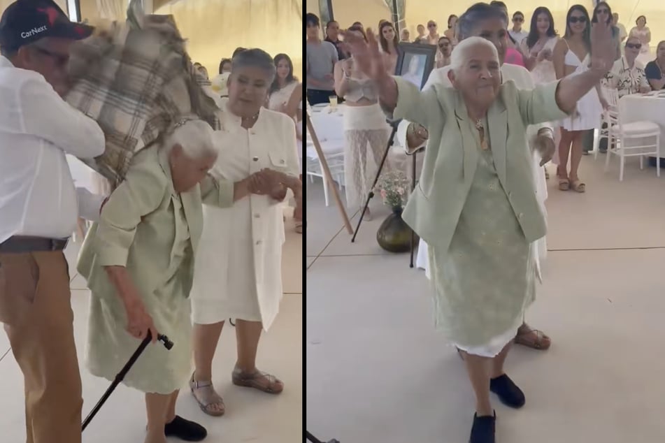 Die Seniorin überrascht ihre Gäste mit einem spektakulären Auftritt.