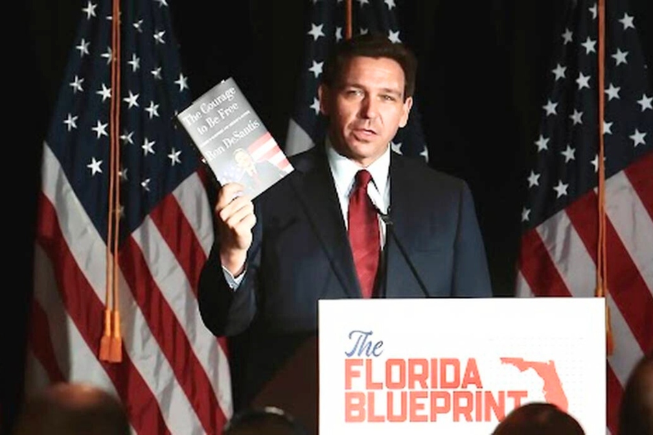 Gov. Ron DeSantis speaking about his book The Courage to Be Free during a rally in September 2023.