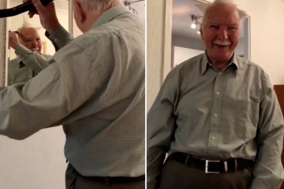 This grandpa can't stop laughing as he shows off his new hairstyle (collage).