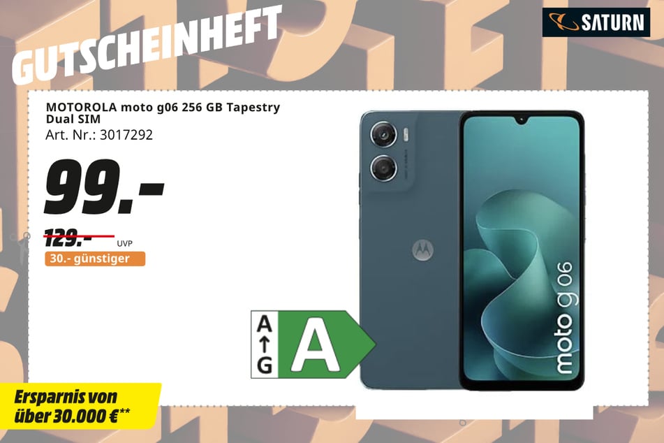 Motorola moto g06 (256 GB, Tapestry) für 99 statt 129 Euro.