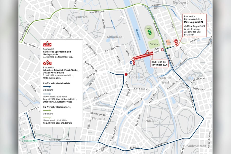 Der Verkehr soll einerseits über den Schleußiger Weg (blaue Linie), andererseits über die Hans-Driesch-Straße (grüne Linie) umgeleitet werden.