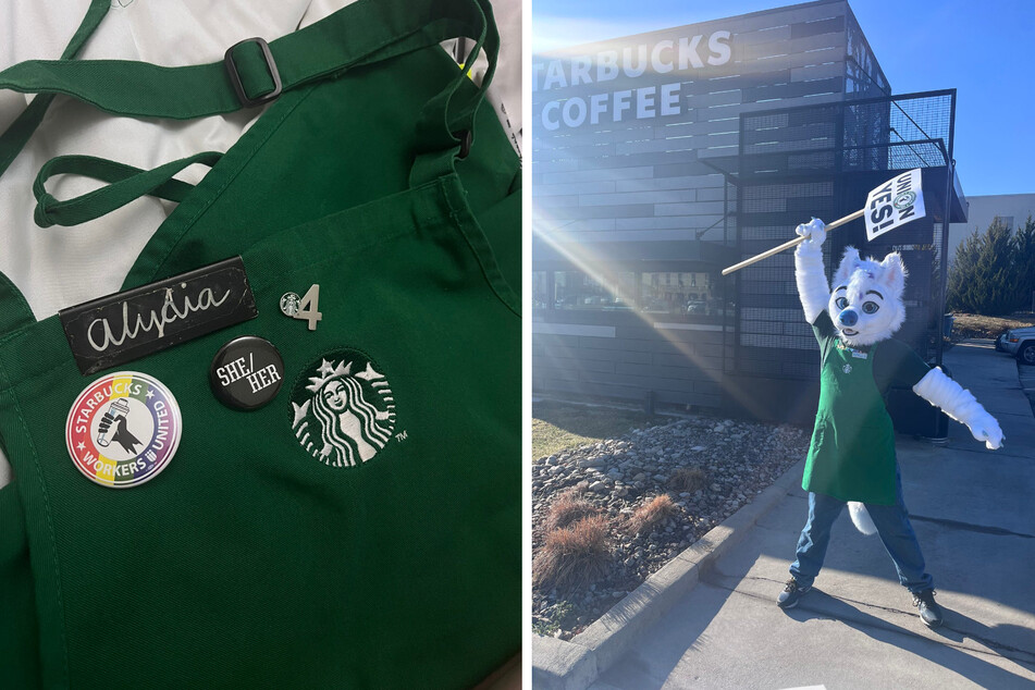 Left: Alydia Claypool prepares her apron for her first day back on the job after being reinstated. Right: Michael Vestigo revs up supporters at a Starbucks Workers United rally while dressed in a fursuit.