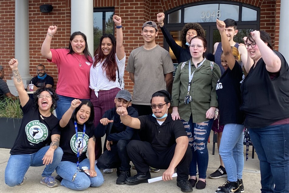 Starbucks workers in Falls Church celebrate their 30-2 union election victory.