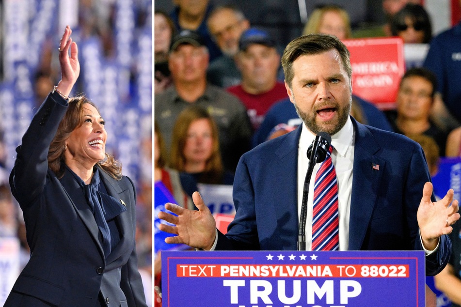 Vice presidential nominee JD Vance (r.) told Democrat Kamala Harris (l.) to "go to hell" when asked about the recent Arlington cemetery altercation.