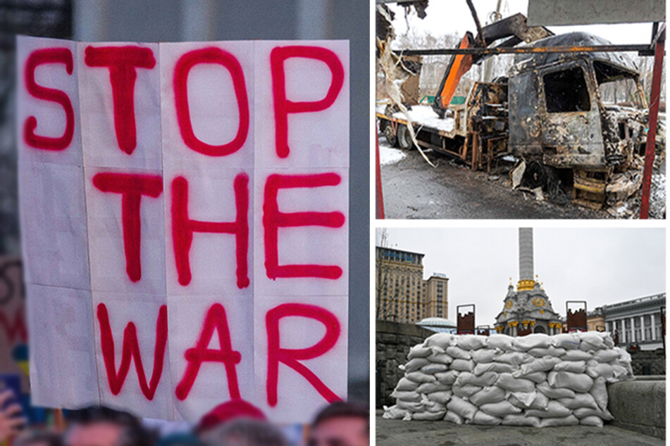 Russia invaded Ukraine on February 24, which led to anti-war protests around the world (l.) as the city of Kyiv prepared to defend itself from attack (r.).