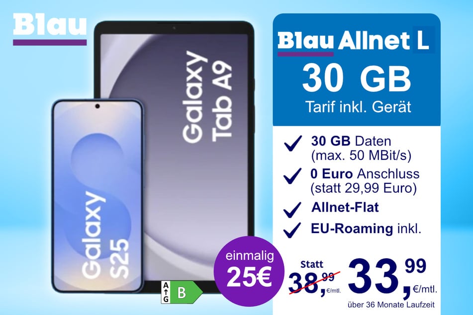 Das Samsung Galaxy S25 + Galaxy Tab A9 im Blau Allnet L für einmalig 25 Euro.