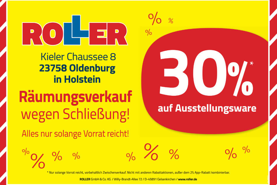 Während des Räumungsverkaufs bei ROLLER in Oldenburg gibt's jetzt 30 Prozent Nachlass beim Möbelkauf.¹