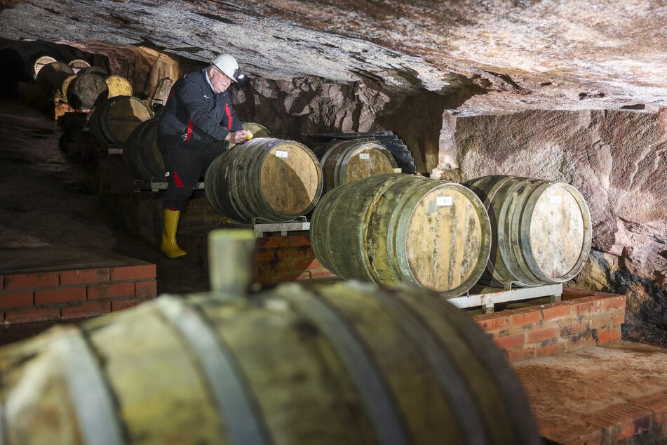 Manufaktur-Chef Hans-Michael Eßlinger (70) muss beim Prüfen der Whisky-Fässer gebückt stehen - denn im Stollen ist es eng.