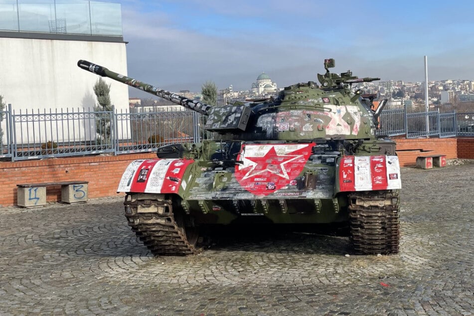 View of the decommissioned T-55 tank in front of the Rajko Mitić stadium in the Serbian capital Belgrade.