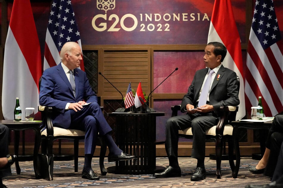 US President Joe Biden (l.) talks with Indonesian President Joko Widodo during their bilateral meeting ahead of the G20 Summit in Nusa Dua, Bali, Indonesia.