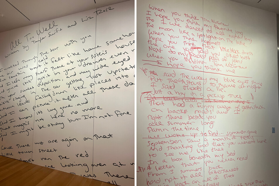 Two walls in the Taylor Swift: Storyteller exhibit feature hand-written song lyrics.