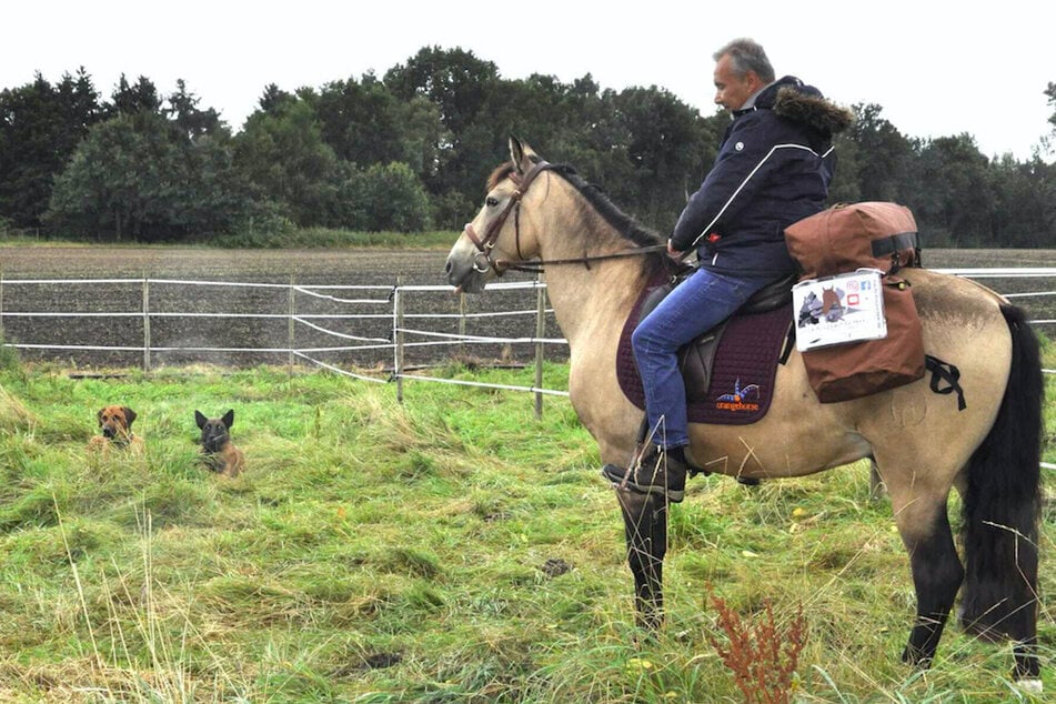 Jürgen Dirrigl (52) auf seinem Pferd Peu (13). Im Hintergrund liegen Malinois-Rüde Turbo (3) und Ridgeback-Rüde Milow (4), die ebenfalls mit nach China reisen werden.