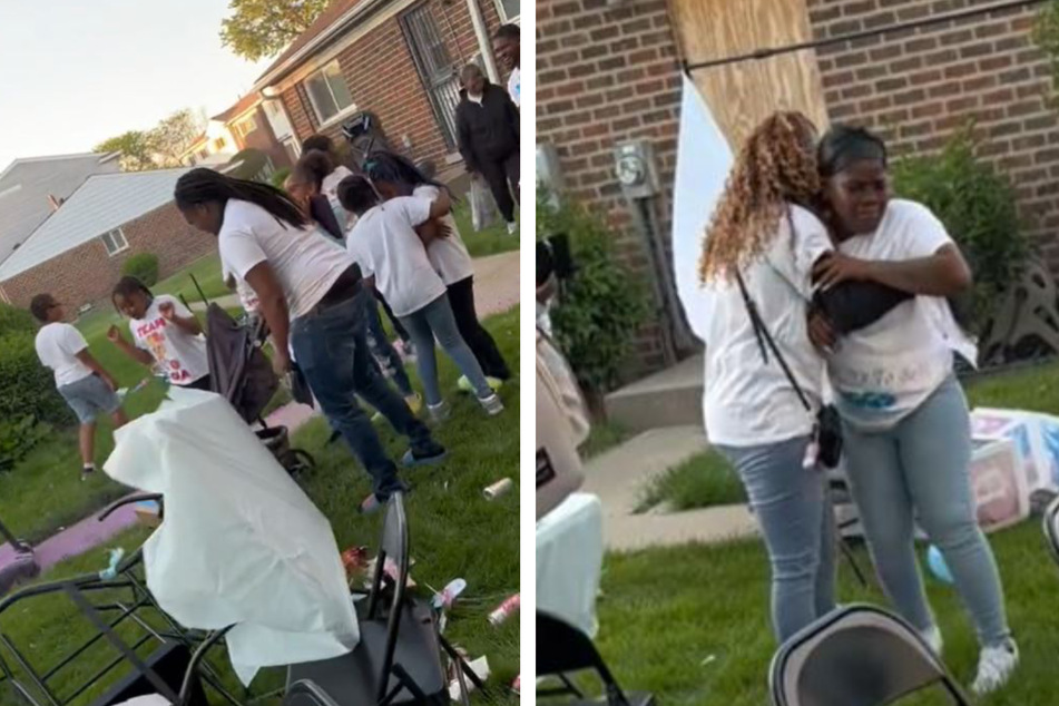 In front of the horrified guests, the mother-to-be smashed everything. One woman's attempt to calm the pregnant woman (far right in the picture) with a hug went wrong.