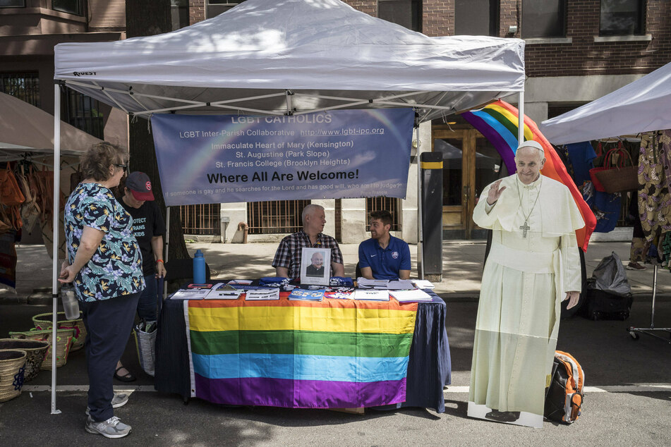 Pope Francis Information stand of LGBT Catholics during the 2019 Brooklyn Pride in New York City.