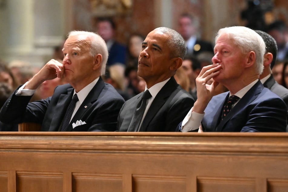 (L-R) US President Joe Biden, former US President Barack Obama, and former US President Bill Clinton attend a memorial service for Ethel Kennedy on Wednesday at the Cathedral of St. Matthew the Apostle in Washington, DC.