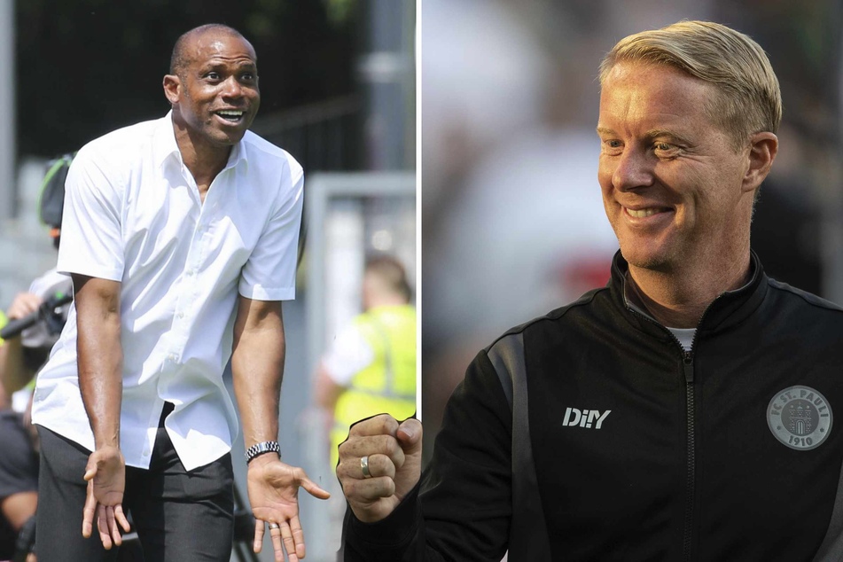 Ex-BVB-Star Sunday Oliseh (47, l.) will mit dem SV Straelen dem FC St. Pauli um Trainer Timo Schultz (44) ein Bein stellen.