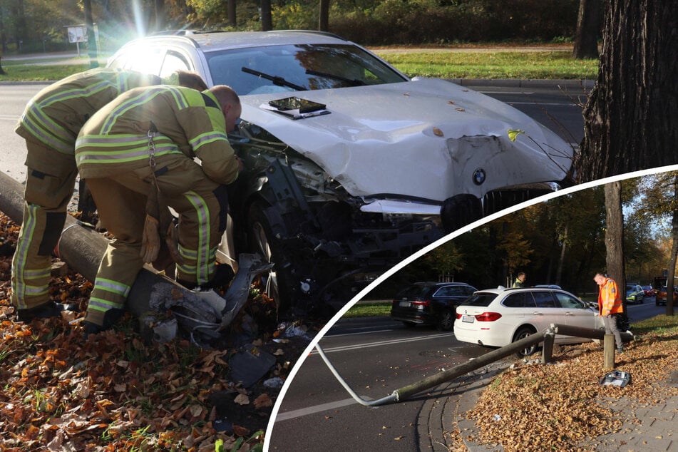 Crash in Gruna: BMW mäht Laterne um und kracht gegen Baum