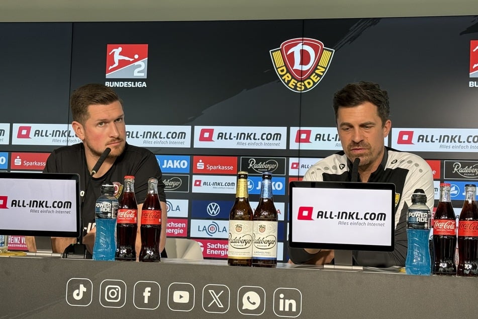 Am Donnerstag verkündete Dynamo-Trainer Thomas Stamm (42, r.), dass vier Spieler für die Partie gegen Fürth ausfallen.