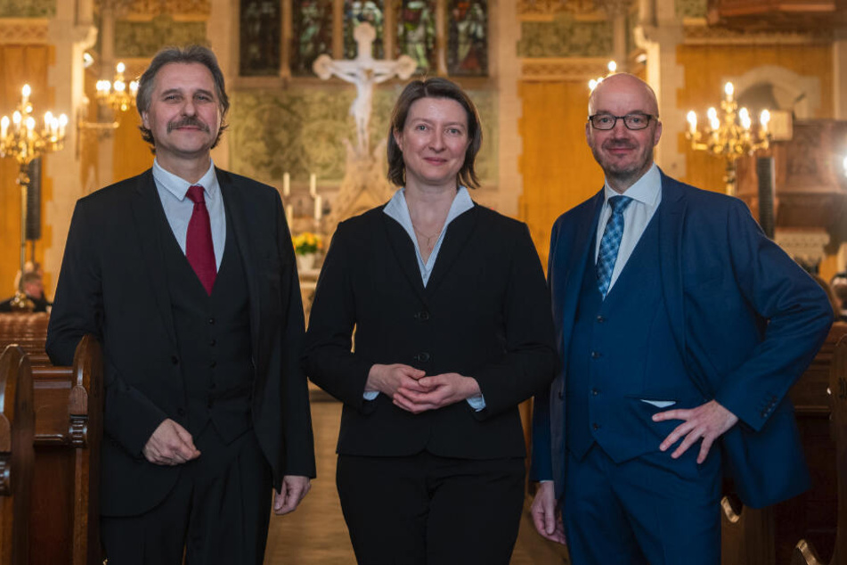 Die drei Kandidaten für das Bischofsamt: (v.li.)Andreas Beuchel, Superintendent in Meißen, Ulrike Weyer, Superintendentin in Plauen, und Tobias Bilz.