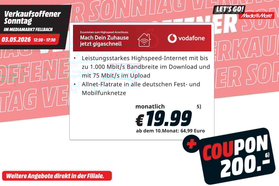 Vodafone GigaZuhause 1000 Kabel abschließen, 200 Euro-Coupon kassieren.