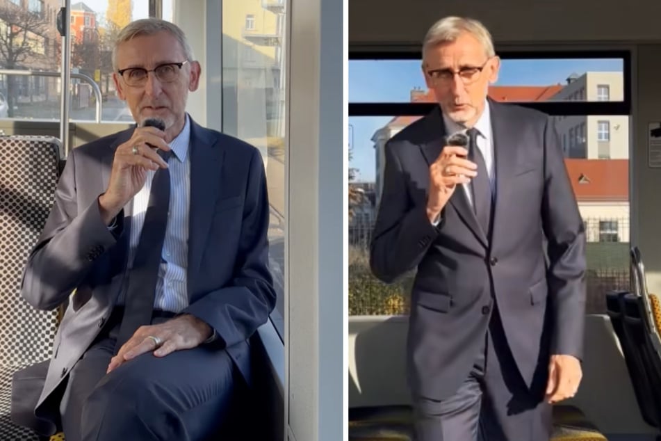 Sachsens Innenminister Armin Schuster (64, CDU) testete bereits die Straßenbahn mit Polizei-Werbebeklebung.