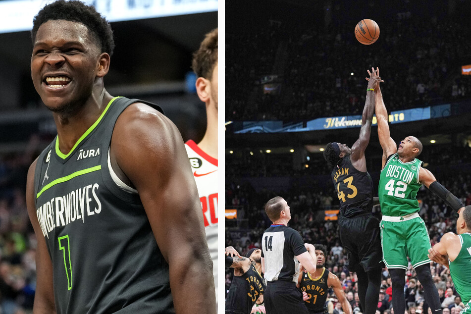 Minnesota Timberwolves guard Anthony Edwards (l.) scored a season-high against the Houston Rockets, as Boston Celtics center Al Horford (r.) and Toronto Raptors forward Pascal Siakam jumped for the ball on Saturday night.