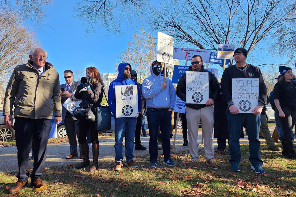 Vermont Sen. Bernie Sanders arrives at a rally in support of rail workers outside the US Capitol on December 13, 2022.