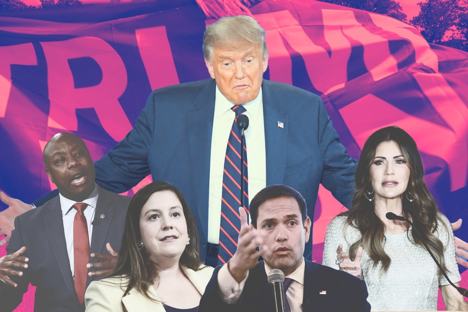 Following a private meetup on Saturday, several of Donald Trump's (top c.) potential running mates, including (from l. to r.) Tim Scott, Elise Stefanik, Marco Robio, and Kristi Noem, did interviews to show their loyalty to his re-election campaign.