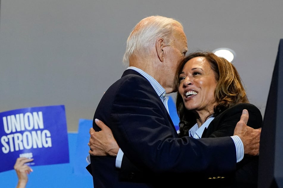 President Joe Biden (l.) and Vice President Kamala Harris embrace during a Labor Day campaign event at IBEW Local 5 in Pittsburgh, Pennsylvania.