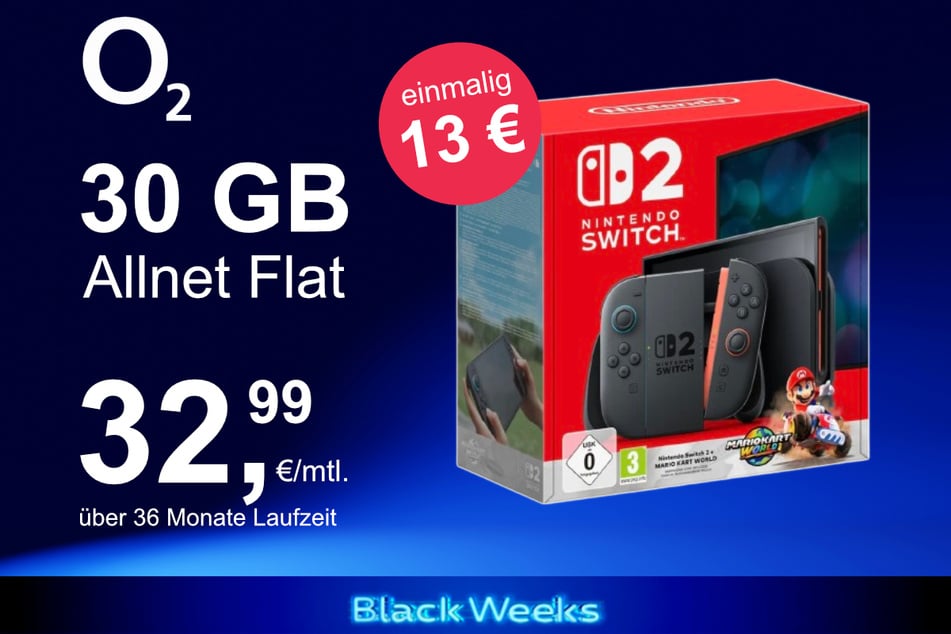 Die Nintendo Switch 2 plus Mario Kart World im o2 Mobile M inkl. 30 GB+ für einmalig nur 13 Euro.