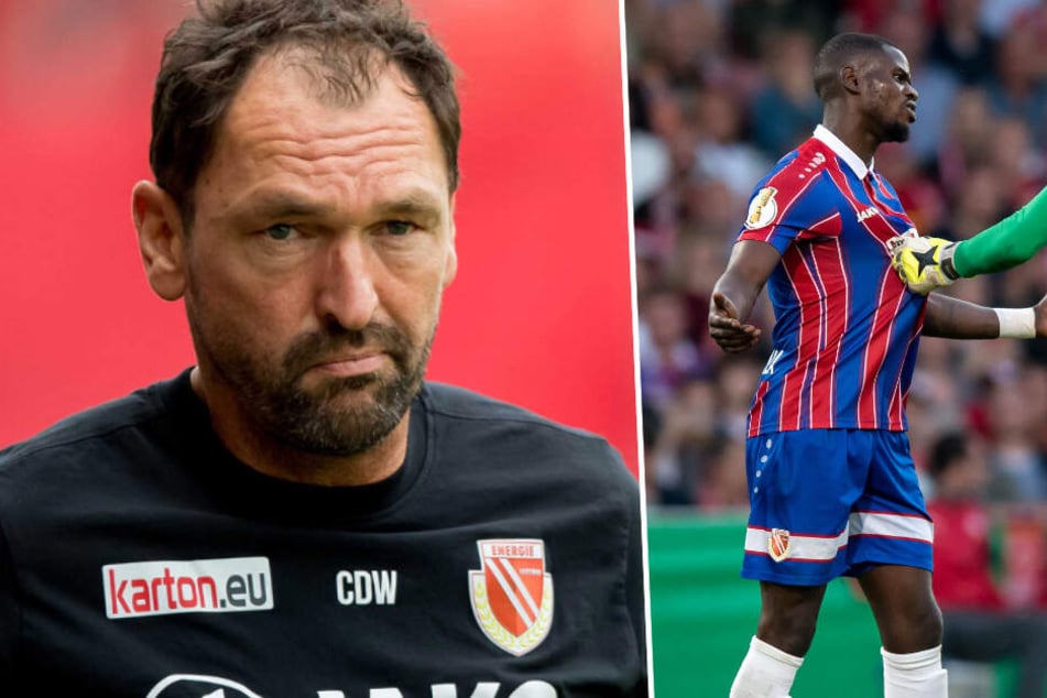 Claus-Dieter Wollitz (l.) zeigt sich nach der Partie enttäuscht. Jose-Junior Matuwila (r.) spielt seit fast drei Jahren für Energie Cottbus.